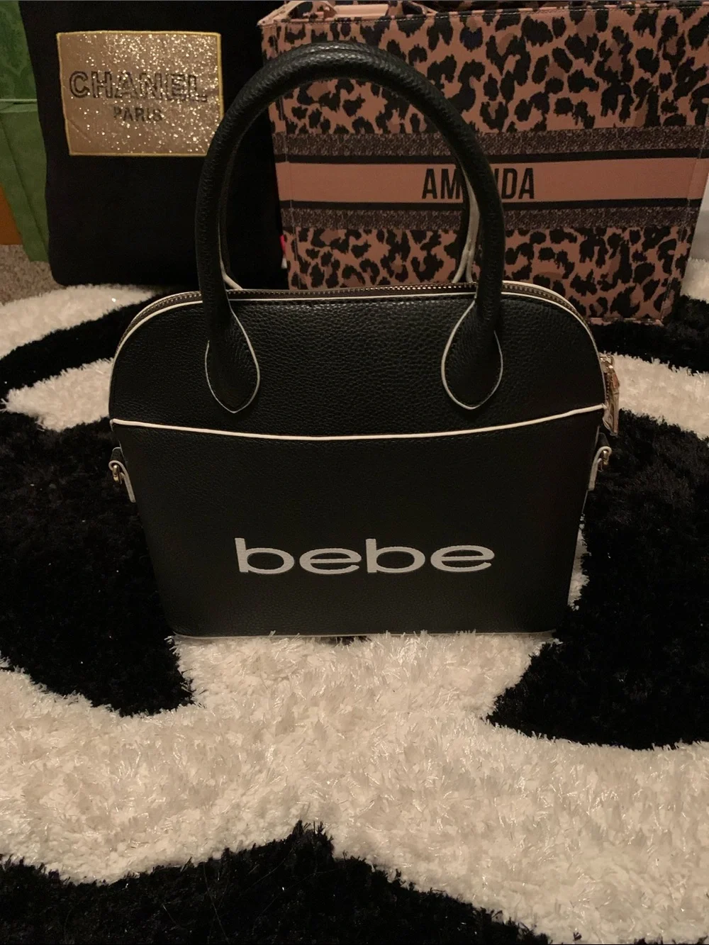 NEW! BEAUTIFUL bebe Black & White Logo Dome Satchel Handbag